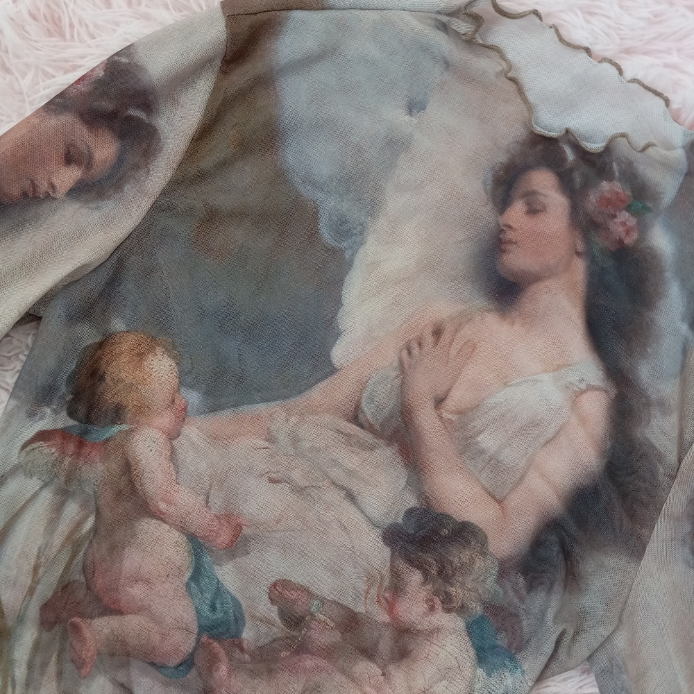 Sheer mesh Renaissance angel art lettuce edged mock-turtleneck crop top! Nwot! - Picture 3 of 10